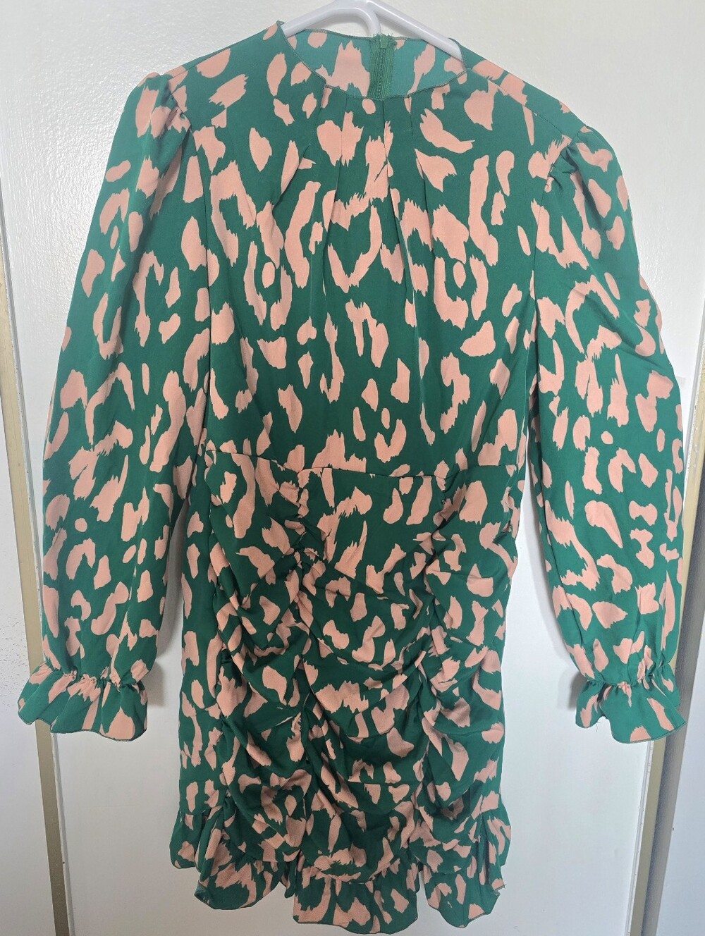 Green and Pink Printed Long-Sleeve Ruffle Dress
